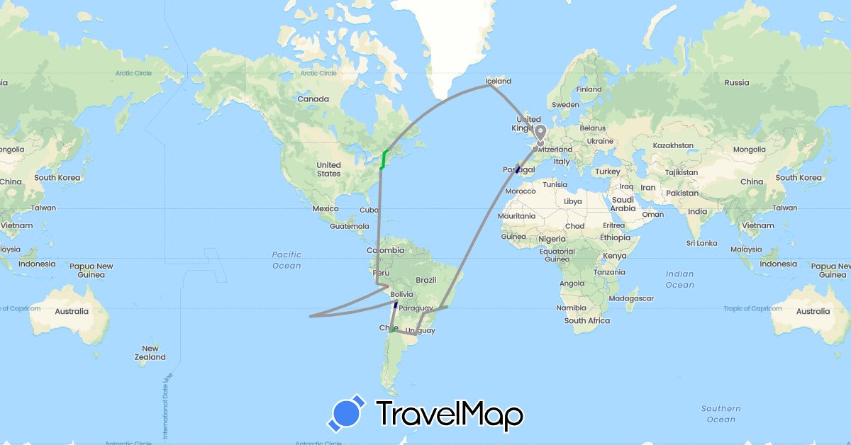 TravelMap itinerary: driving, bus, plane, hiking in Argentina, Bolivia, Brazil, Canada, Chile, France, Iceland, Peru, Portugal, United States (Europe, North America, South America)